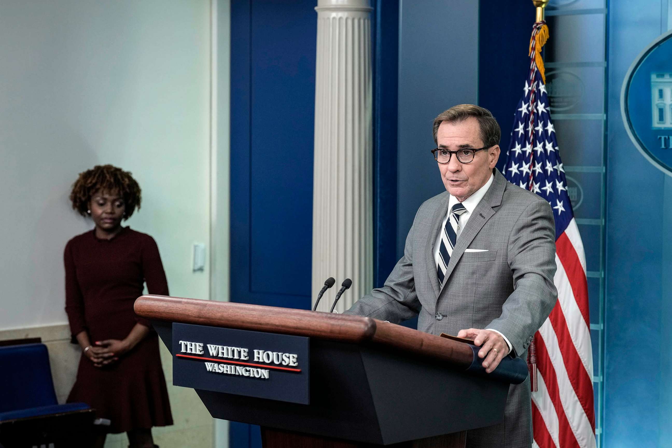 PHOTO: White House Press Secretary Karine Jean-Pierre listens as Coordinator for Strategic Communications at the National Security Council John Kirby speaks during the daily press briefing at the White House April 20, 2023 in Washington, DC.