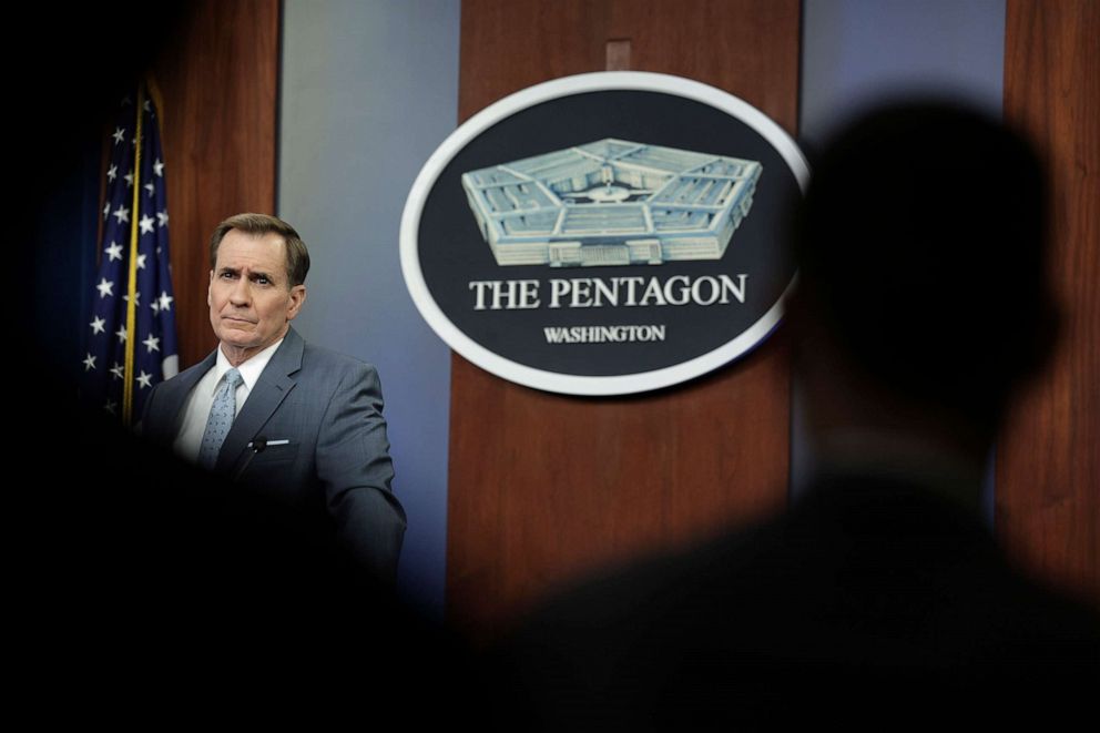 PHOTO: Pentagon Press Secretary John Kirby speaks to the press about the creation of "Operation Fly Formula" to deploy Defense Department planes to bring formula shipments into the United States from overseas, on May 19, 2022 in Arlington, Va. 