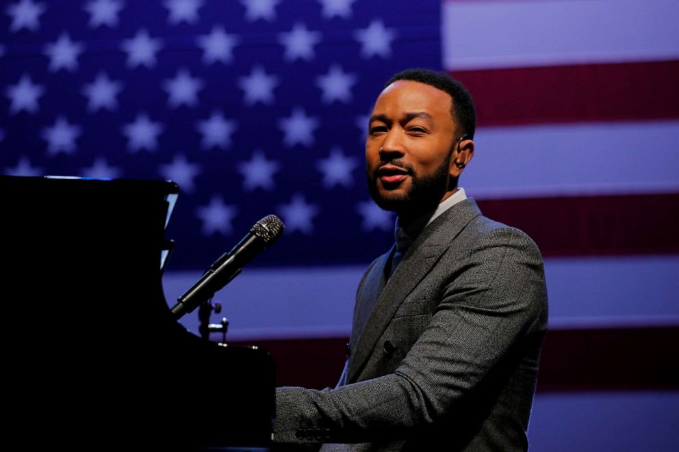 PHOTO: Musician John Legend performs at a campaign "Get Out the Vote" event with former Democratic presidential candidate and Sen. Elizabeth Warren, D-Mass., in Charleston, S.C., on Feb. 26, 2020.