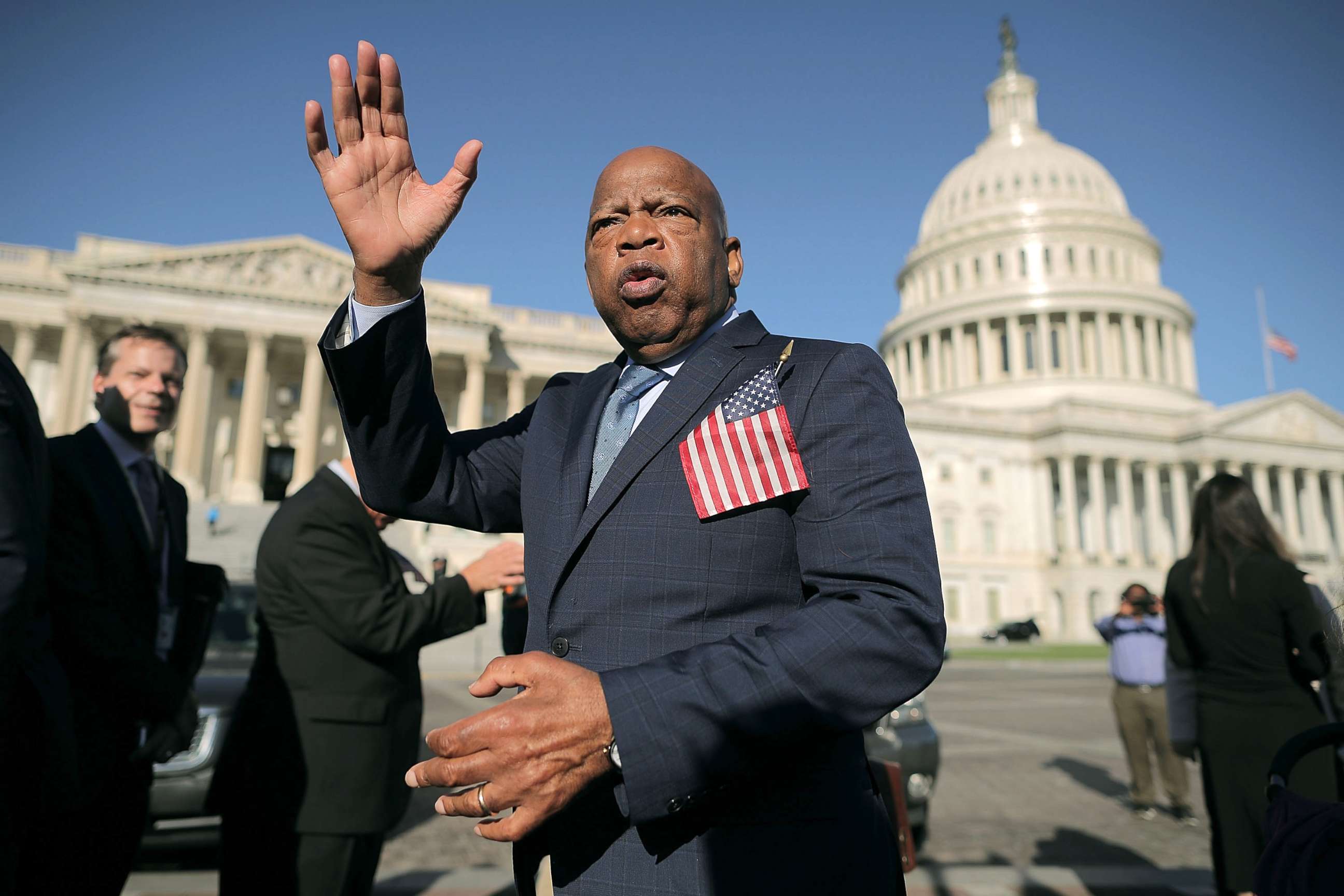 PHOTO: Rep. John Lewis thanks anti-gun violence supporters following a rally with fellow Democrats on the East Front steps of the U.S. House of Representatives, Oct. 4, 2017, in Washington, DC.