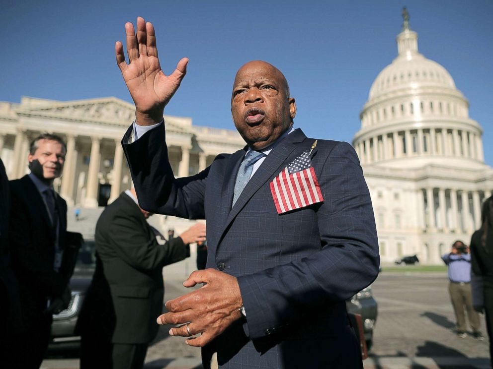 PHOTO: Rep. John Lewis thanks anti-gun violence supporters following a rally with fellow Democrats on the East Front steps of the U.S. House of Representatives, Oct. 4, 2017, in Washington, DC.