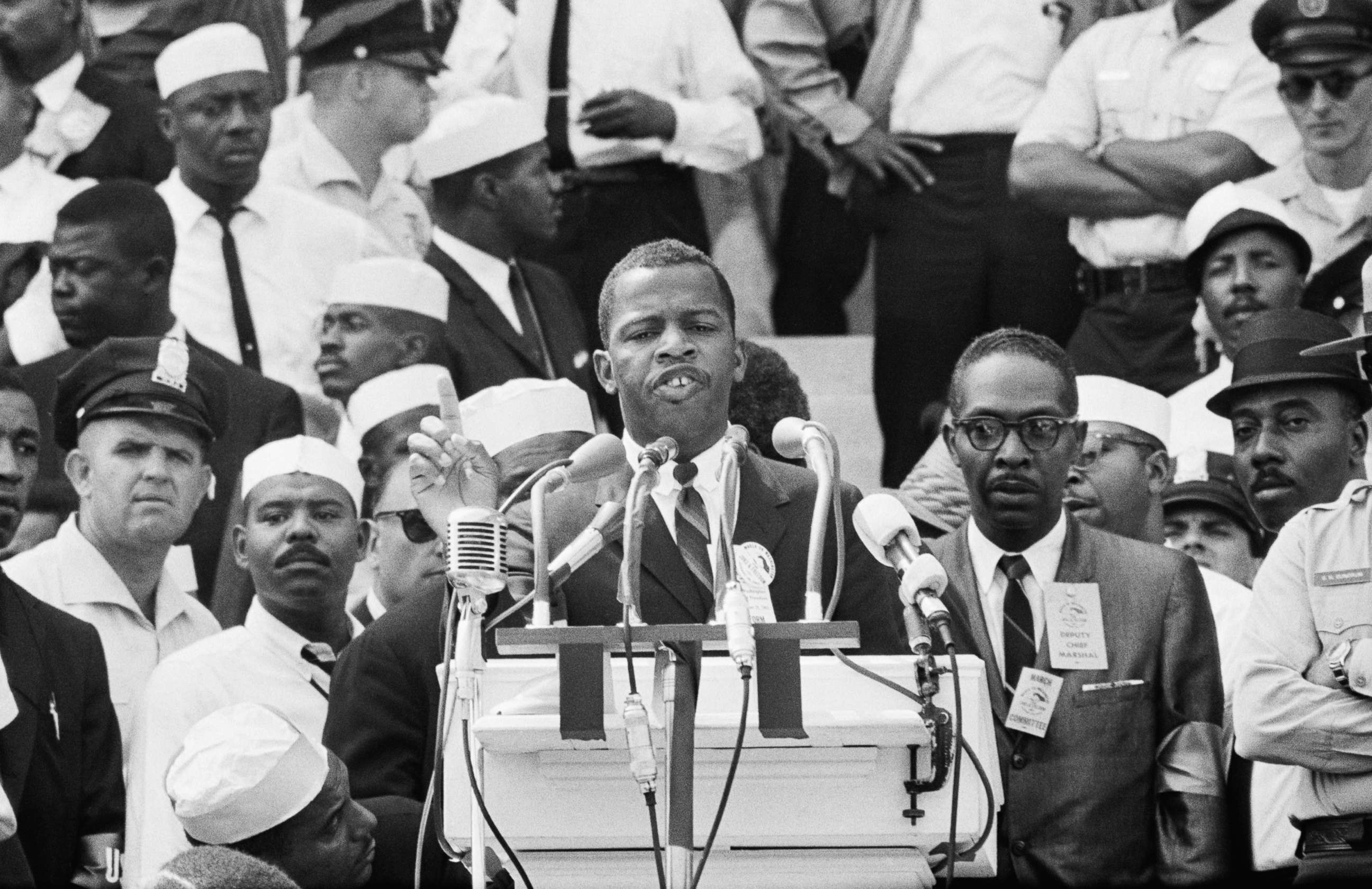 PHOTO: John Lewis, Chairman of the Student Non-Violent Coordinating Committee, speaks at the March on Washington, Aug. 28, 1963, on the steps of the Lincoln Memorial in Washington, D.C.