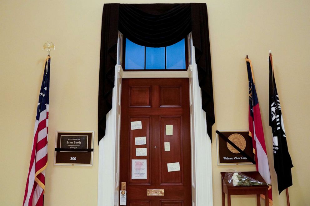 PHOTO: The office of the late Rep. John Lewis is draped in black fabric at the U.S. Capitol in Washington, July 23, 2020.