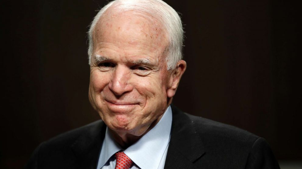 Sen. John McCain arrives on Capitol Hill in Washington, July 11, 2017. McCain has been diagnosed with a brain tumor after a blood clot was removed.