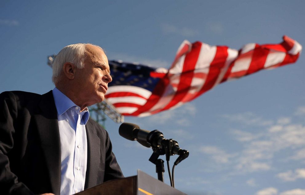 PHOTO: Sen. John McCain speaks at a campaign rally at Raymond James Stadium in Tampa, Florida, Nov. 3, 2008.