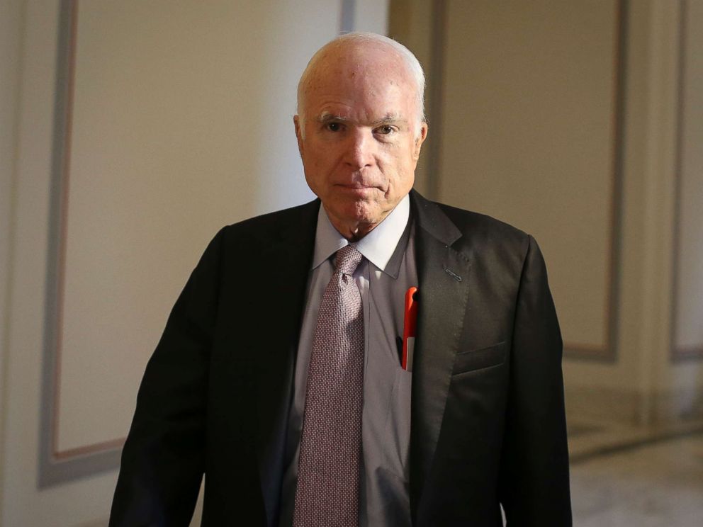 PHOTO: Sen. John McCain walks outside of his office in the Russell Senate Office Building on Sep. 5, 2017 in Washington, D.C.