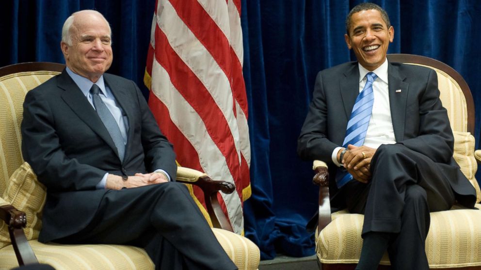 President-elect Barack Obama meets with former Republican presidential candidate Arizona Senator John McCain at Obama's transition offices in Chicago, Nov. 17, 2008.