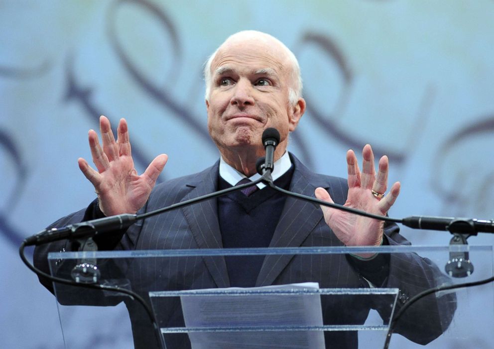 PHOTO: Sen. John McCain makes remarks after receiving the the 2017 Liberty Medal at the National Constitution Center on Oct. 16, 2017 in Philadelphia.