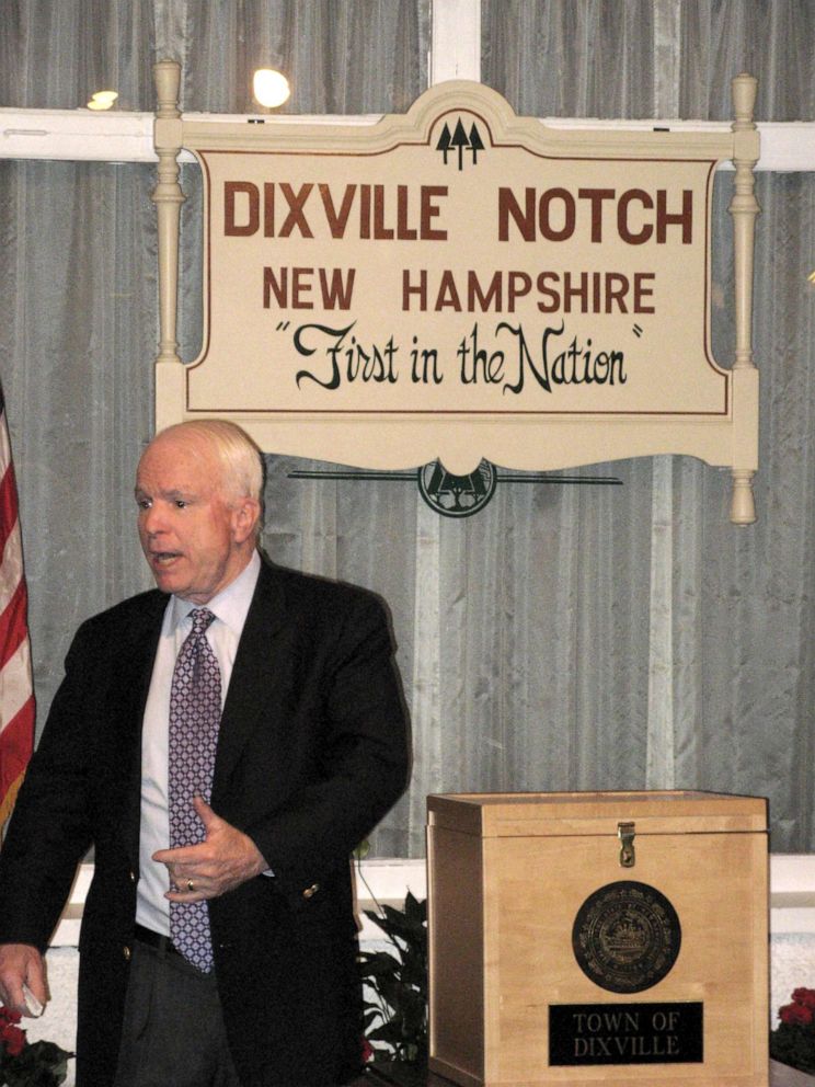 PHOTO: Senator John McCain campaigns around the state of New Hampshire on the "Straight Talk Express," Nov. 16, 2007, in Dixville Notch, New Hampshire.