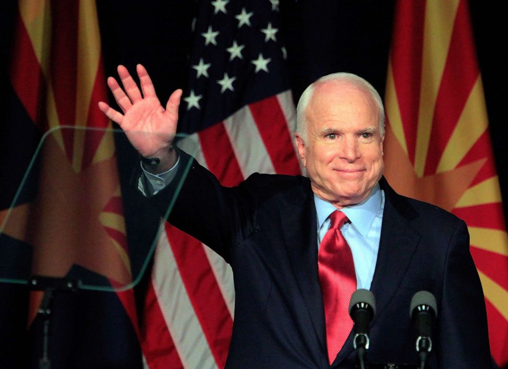 PHOTO: Sen. John McCain speaks to a group of supporters at his victory party after winning Arizona's primary election, Aug. 24, 2010, in Phoenix.