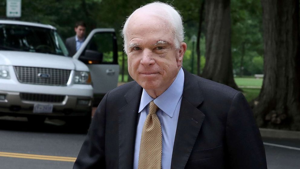 Sen. John McCain arrives for work on Capitol Hill hours after voting NO on the GOP 'Skinny Repeal' health care bill, July 28, 2017, in Washington.
