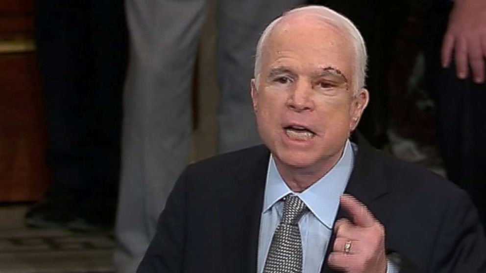 PHOTO: A still image from video shows U.S. Senator John McCain, who had been recuperating in Arizona after being diagnosed with brain cancer, acknowledging applause as he arrives on the floor of the U.S. Senate in Washington, July 25, 2017.