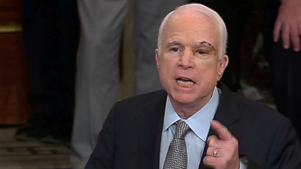 PHOTO: A still image from video shows U.S. Senator John McCain (R-AZ), who had been recuperating in Arizona after being diagnosed with brain cancer, acknowledging applause as he arrives on the floor of the U.S. Senate in Washington, July 25, 2017.