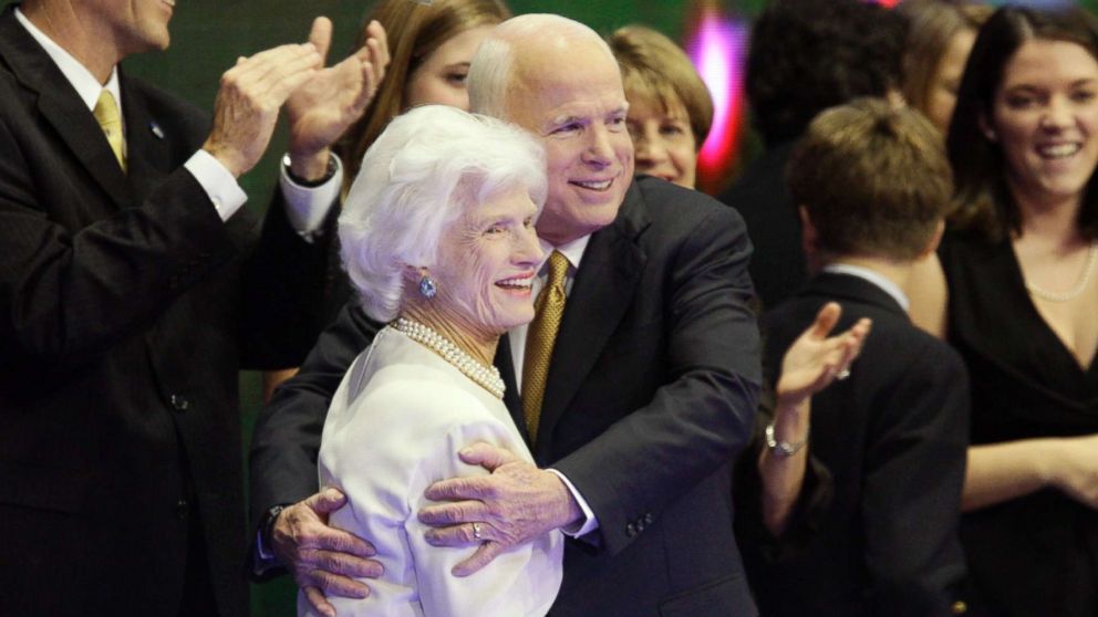 Republican presidential candidate John McCain embraces his mother, Roberta, following his speech to the Republican National Convention in St. Paul, Minn.,  Sept. 4, 2008.