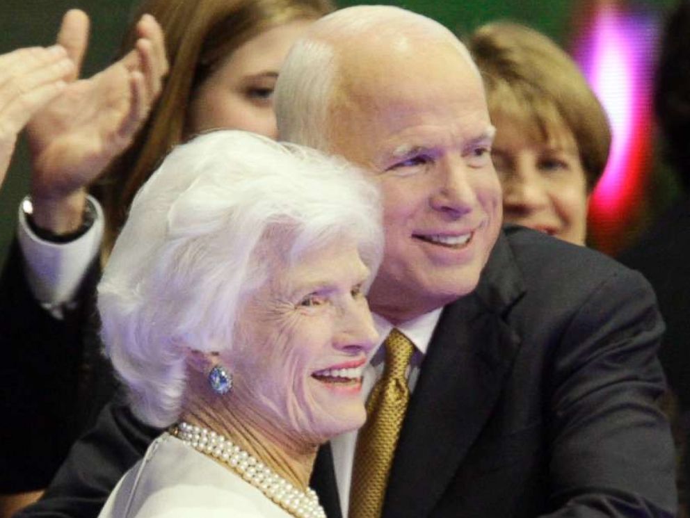 PHOTO: Republican presidential candidate John McCain embraces his mother, Roberta, following his speech to the Republican National Convention in St. Paul, Minn.,  Sept. 4, 2008.