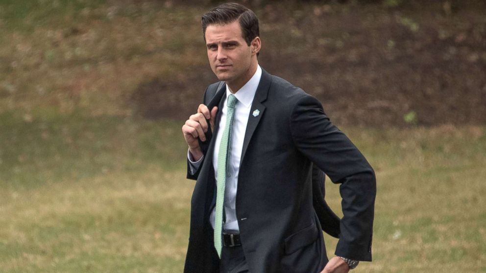  John McEntee walks to Marine One to accompany President Trump from the White House in Washington, DC for a trip to Mar-a-Lago, Fla., Feb. 16, 2018.
					