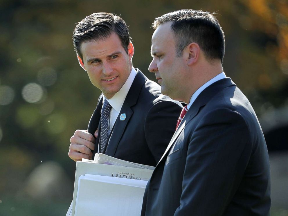 PHOTO: John McEntee and White House Director of Social Media Dan Scavino leave the White House with President Donald Trump Nov. 29, 2017 in Washington.