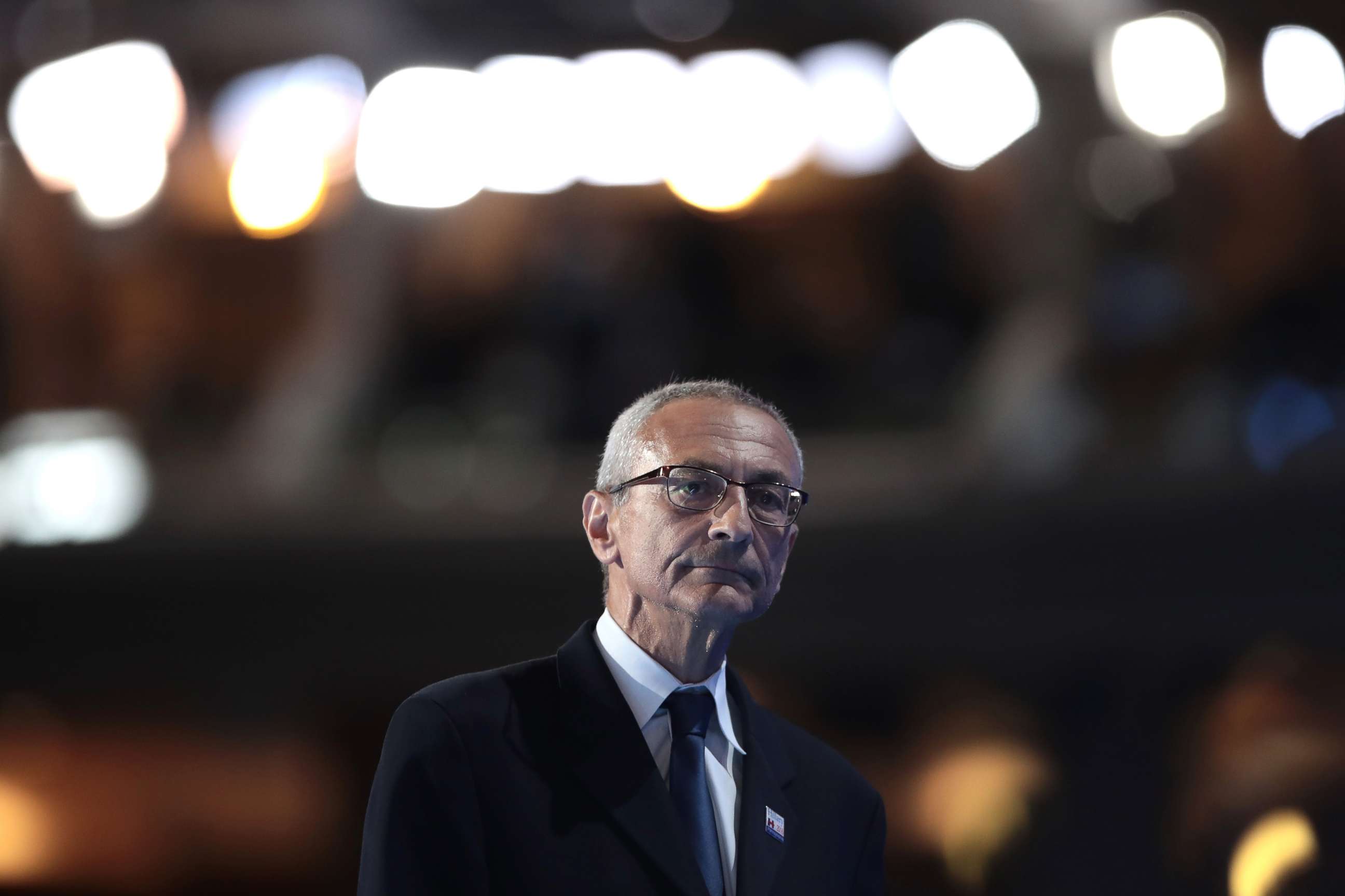 PHOTO: John Podesta, chair of the Hillary Clinton presidential campaign, walks off stage after delivering a speech on the first day of the Democratic National Convention at the Wells Fargo Center, July 25, 2016 in Philadelphia.