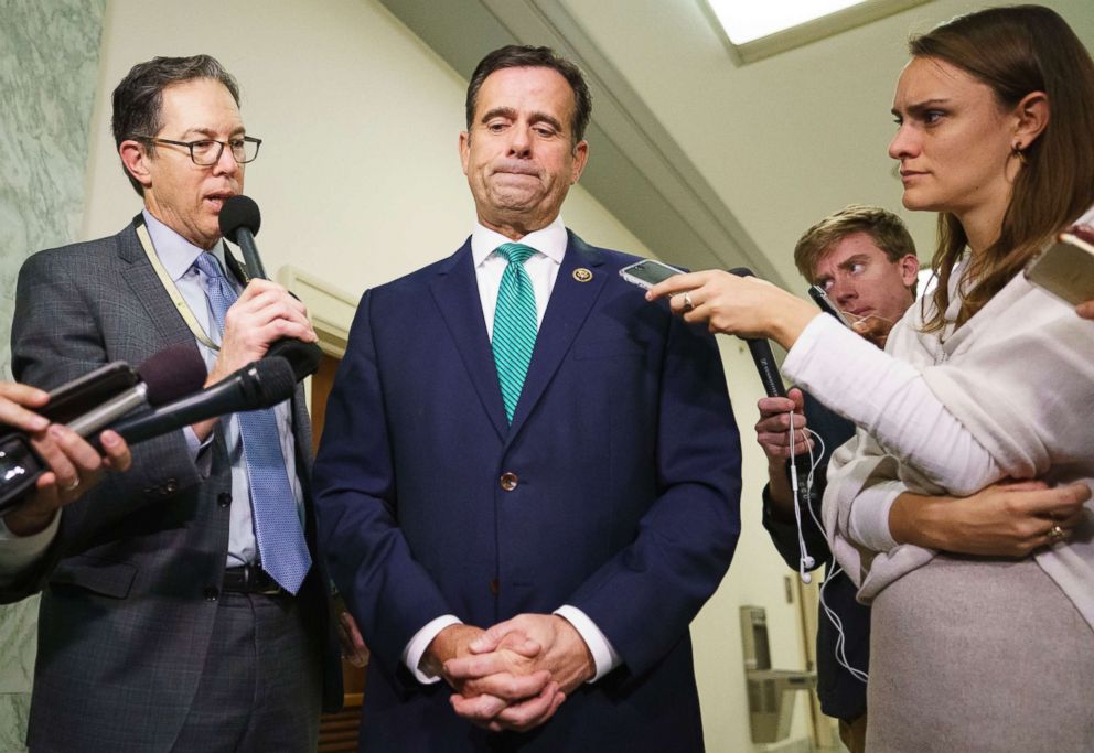 PHOTO: Rep. John Ratcliffe pauses while speaking to members of the media on Capitol Hill in Washington, Oct. 25, 2018.