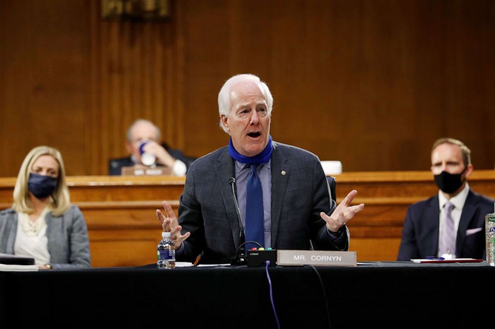 PHOTO: Sen. John Cornyn speaks after reading a statement from former attorney general John Ashcroft at the top of a Senate Intelligence Committee nomination hearing for Rep. John Ratcliffe, on Capitol Hill in Washington, May 5, 2020.