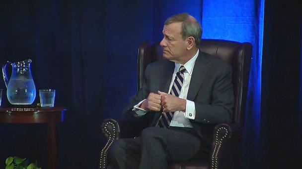 Chief Justice John Roberts participates in a fireside chat in Buffalo, New York, with U.S. District Judge Lawrence Vilardo, on May 7, 2025.