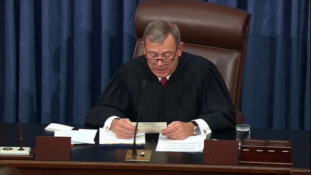 PHOTO: Justice John Roberts speaks on the Senate floor during the impeachment trial of President Donald Trump, Jan. 29, 2020, in Washington, DC.