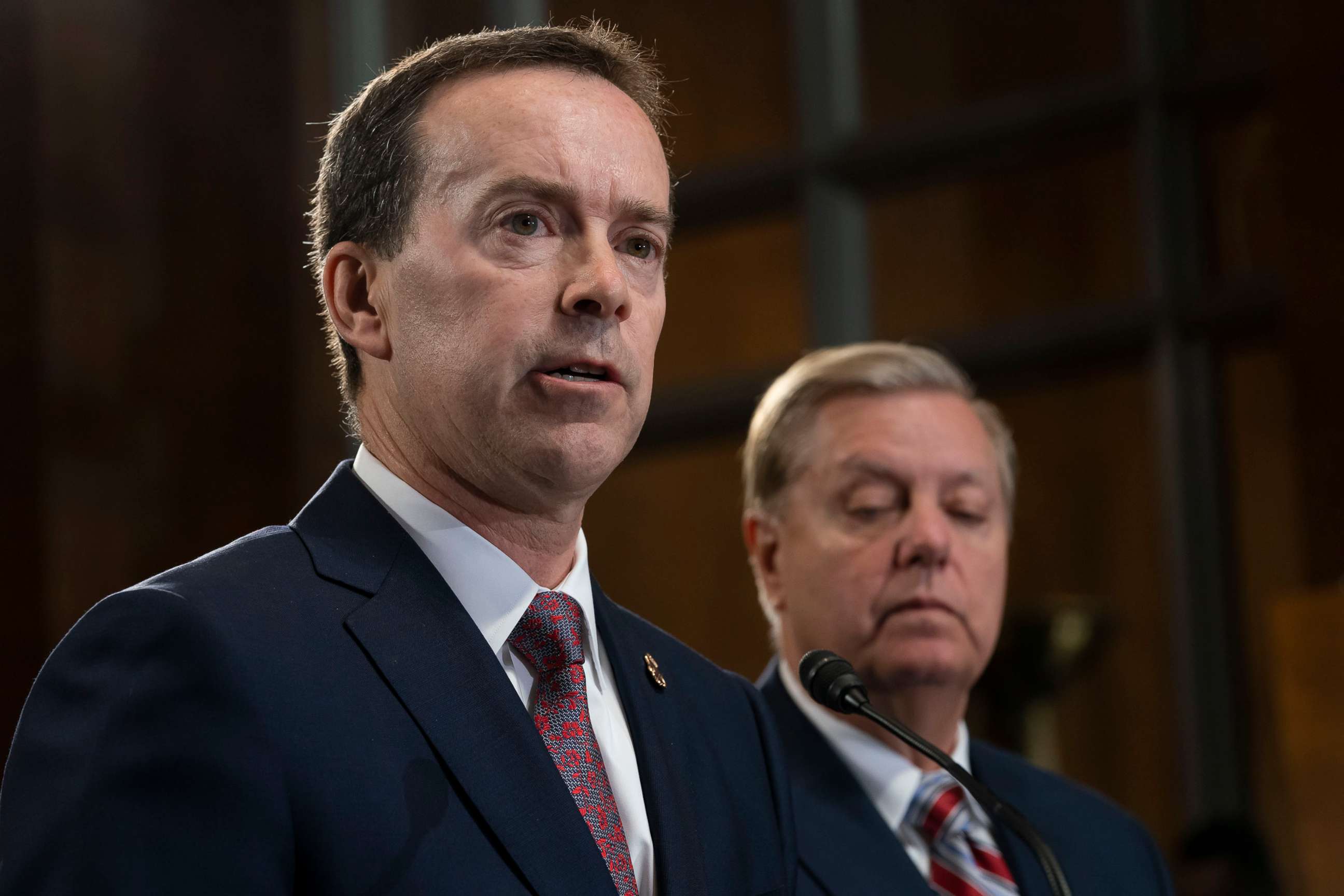 PHOTO: In this May 15, 2019 file photo, acting U.S. Customs and Border Protection Commissioner John Sanders, left, joins Senate Judiciary Committee Chairman Lindsey Graham on Capitol Hill in Washington.