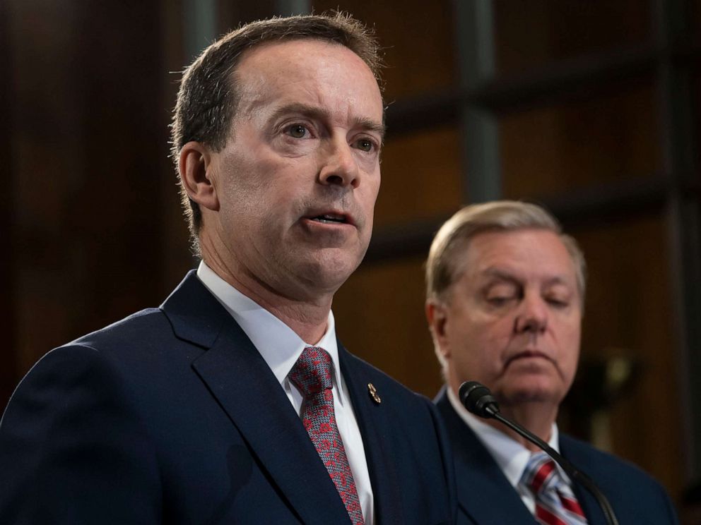 PHOTO: In this May 15, 2019 file photo, acting U.S. Customs and Border Protection Commissioner John Sanders, left, joins Senate Judiciary Committee Chairman Lindsey Graham on Capitol Hill in Washington.