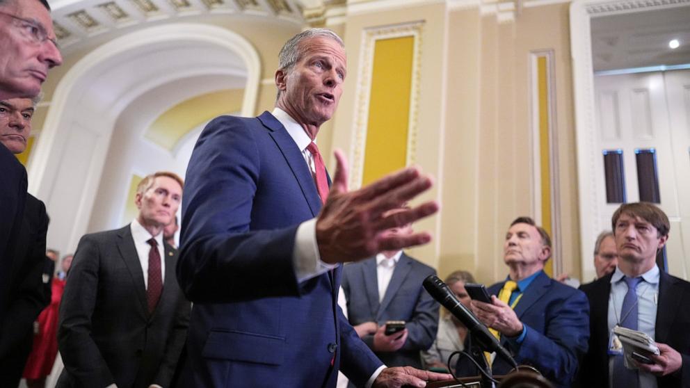 PHOTO: Senate Majority Leader John Thune speaks to reporters following closed-door party meetings at the Capitol in Washington, June 17, 2025.