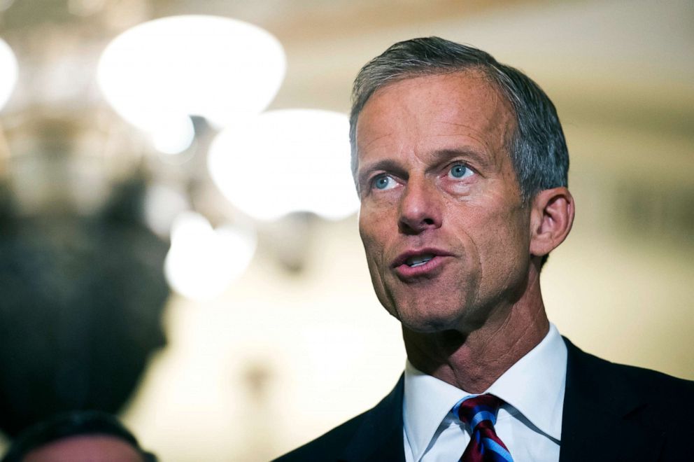 PHOTO: Sen. John Thune speaks with reporters after the Republican's policy luncheon on Capitol Hill in Washington, Sept. 5, 2018.