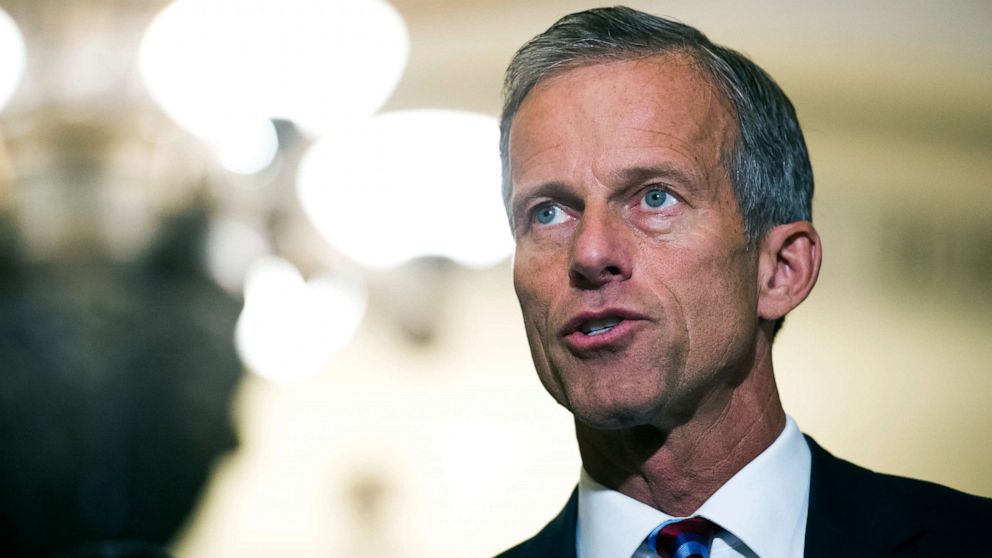 PHOTO: Sen. John Thune speaks with reporters after the Republican's policy luncheon on Capitol Hill in Washington, Sept. 5, 2018.