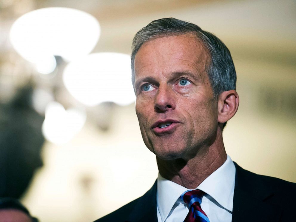 PHOTO: Sen. John Thune speaks with reporters after the Republicans policy luncheon on Capitol Hill in Washington, Sept. 5, 2018.