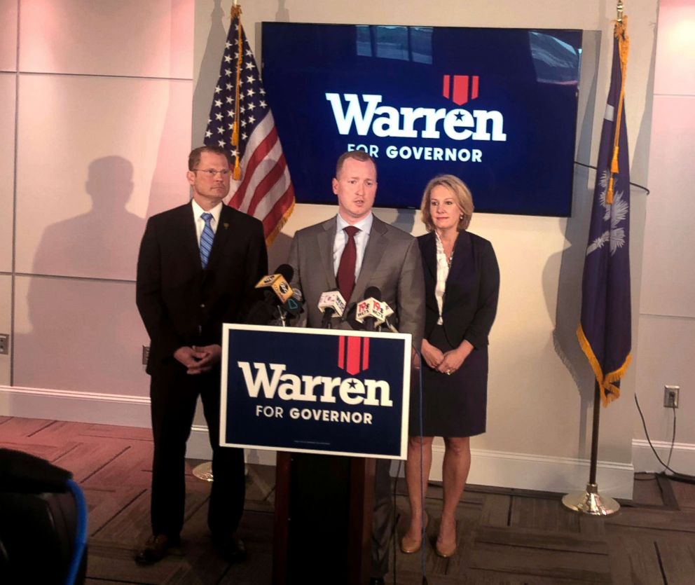 PHOTO: Greenville businessman John Warren speaks at a campaign event on June 14, 2018, in Columbia, S.C. Warren is joined by Lt. Gov. Kevin Bryant, left, and former state public health chief Catherine Templeton, right.