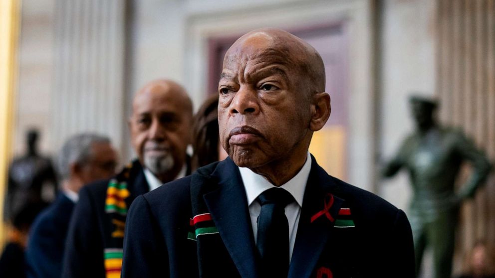 PHOTO: Civil Rights icon Congressman John Lewis pauses during a memorial ceremony on Capitol Hill on Oct. 24, 2019, in Washington.