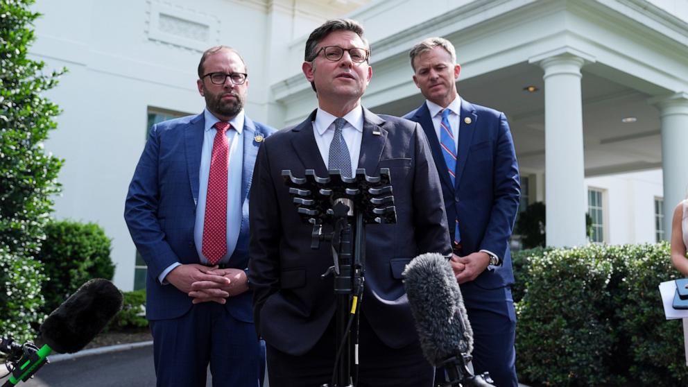 PHOTO: House Speaker Mike Johnson speaks to members of the media outside the West Wing after an "Invest in America" roundtable with business leaders at the White House, June 9, 2025, in Washington.
