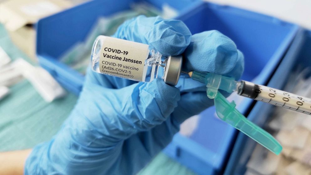 PHOTO: A health professional holds a vial of Janssen's Covid-19 vaccine in Pamplona, Navarra, Spain, April 22, 2021. 
