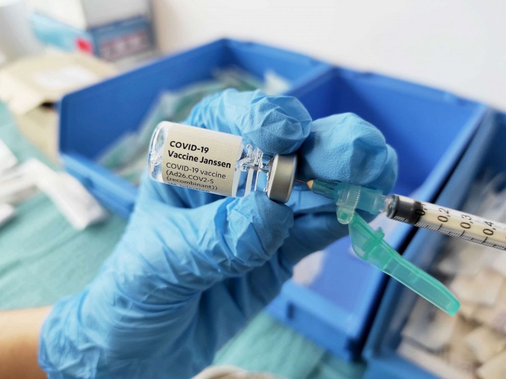 PHOTO: A health professional holds a vial of Janssen's Covid-19 vaccine in Pamplona, Navarra, Spain, April 22, 2021. 