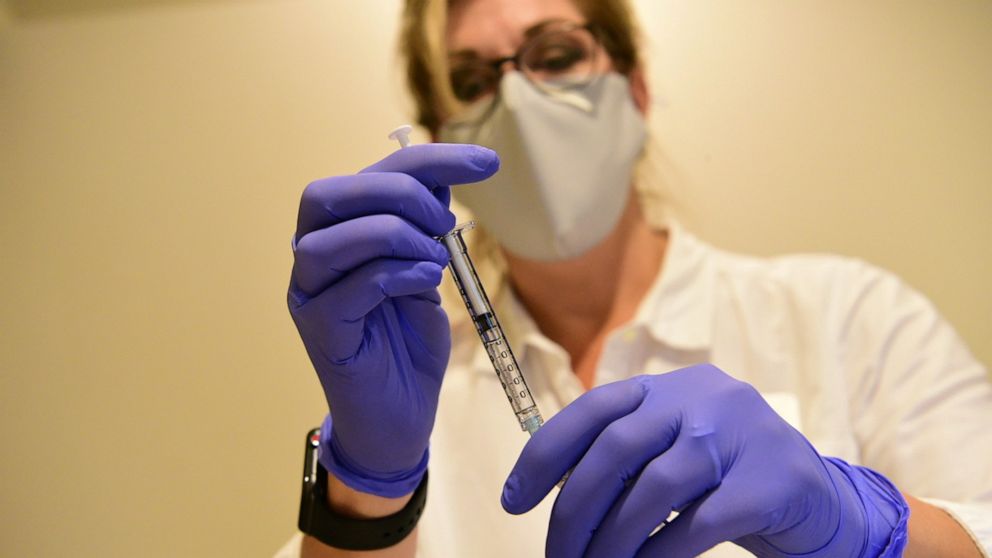 PHOTO: A Johnson & Johnson worker prepares a syringe during the Phase 3 ENSEMBLE trial of its Janssen coronavirus disease vaccine candidate in an undated photograph.