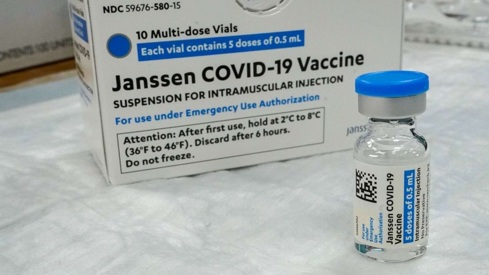 PHOTO: The Johnson & Johnson COVID-19 vaccine sits on a table at a pop up vaccinations site the Albanian Islamic Cultural Center, April 8, 2021, in the Staten Island borough of New York.