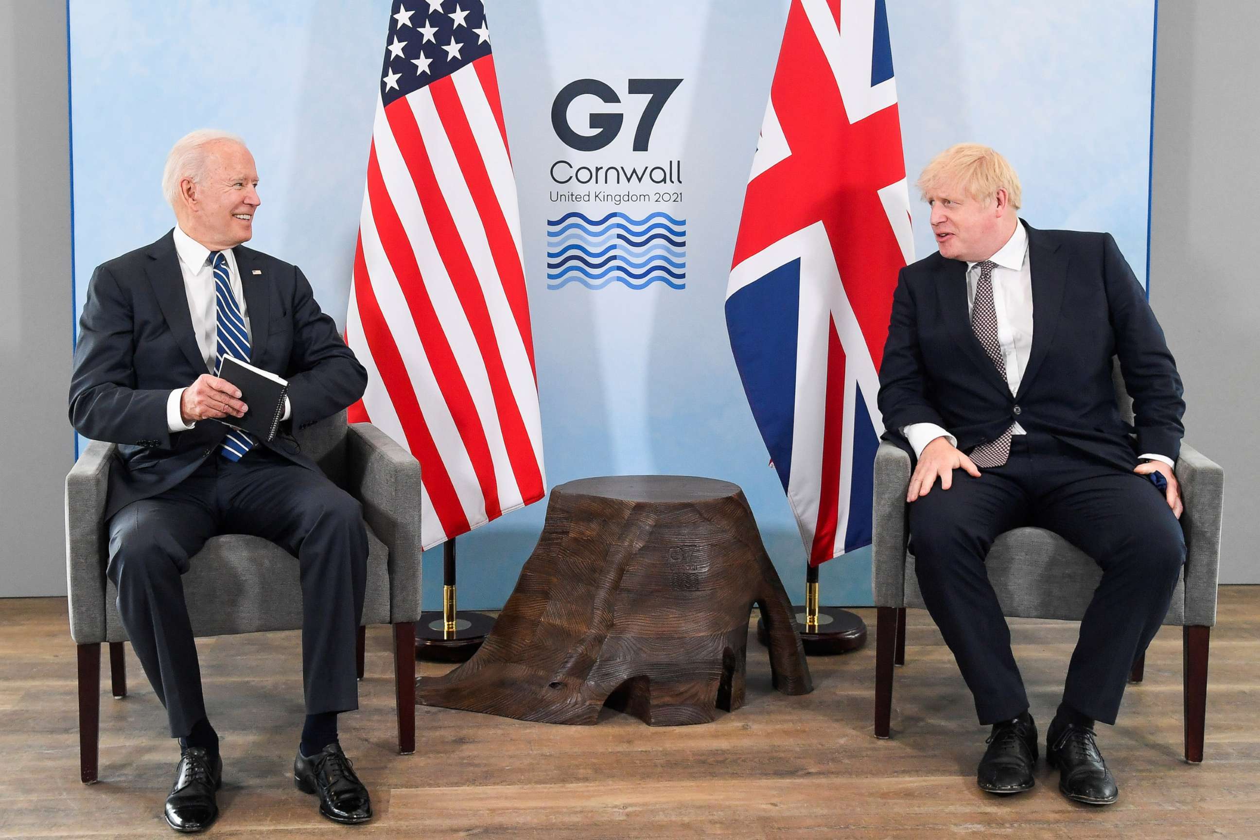 PHOTO: Britain's Prime Minister Boris Johnson meets with U.S. President Joe Biden, ahead of the G7 summit, at Carbis Bay Hotel, on June 10, 2021 near S.t Ives, England. 