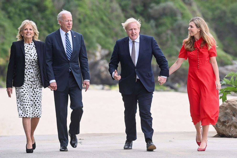 PHOTO: Britain's Prime Minister Boris Johnson, his wife Carrie Johnson and U.S. President Joe Biden with first lady Jill Biden walk outside Carbis Bay Hotel, Carbis Bay, Cornwall, Britain, June 10, 2021. 