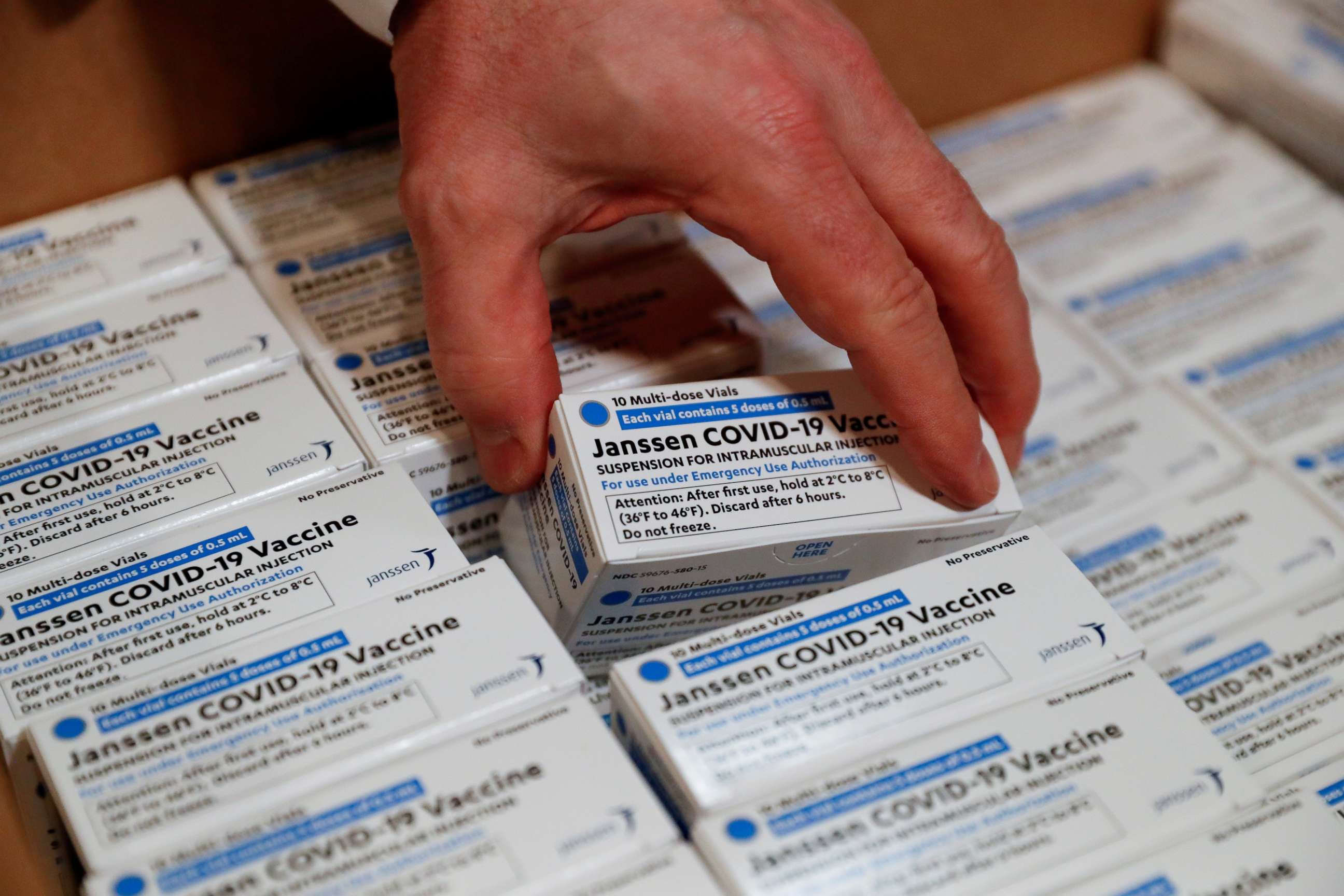 PHOTO: Boxes of Johnson & Johnson's coronavirus disease vaccine are seen at Northwell Health's South Shore University Hospital in Bay Shore, N.Y., March 3, 2021.