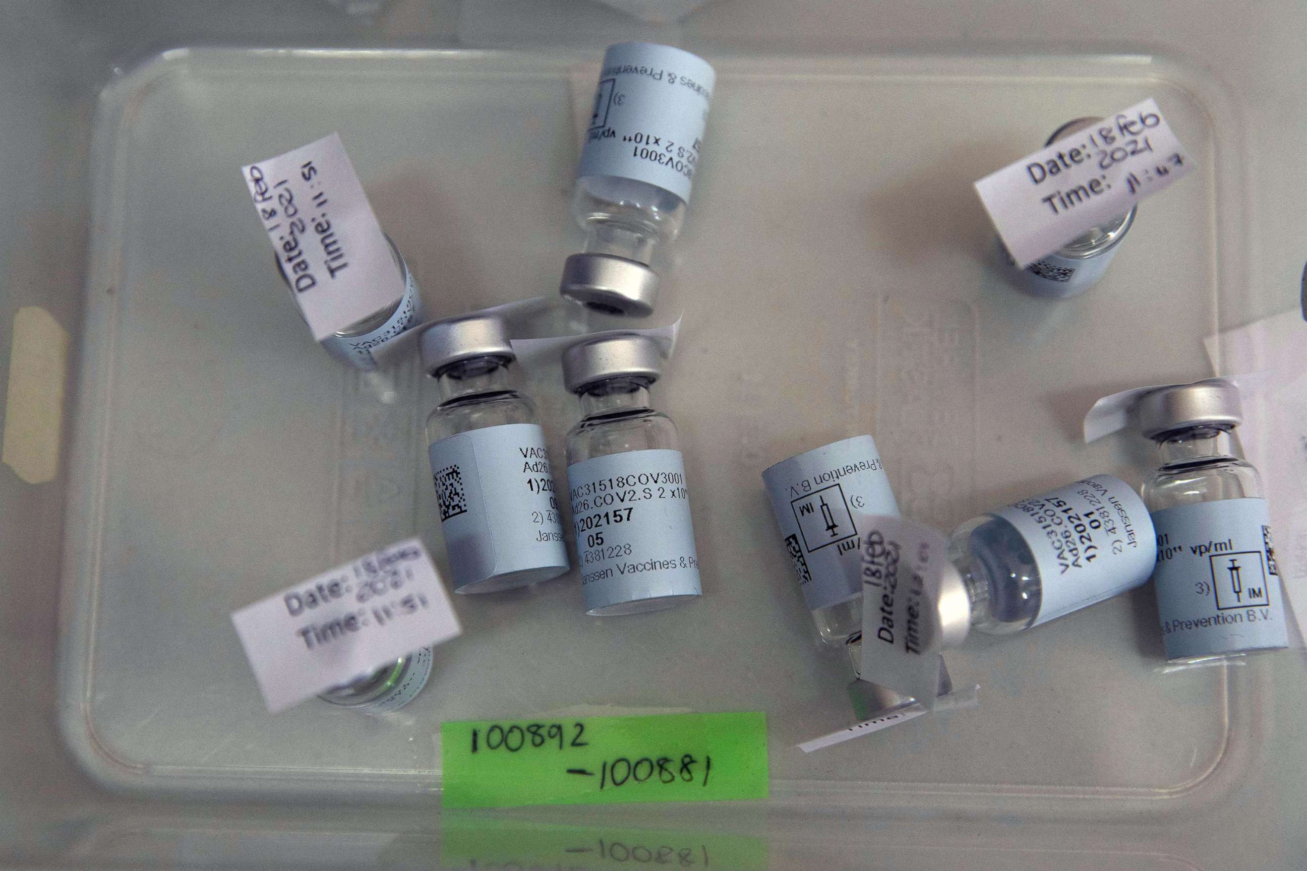 PHOTO: Empty vials that contained a dose of the Johnson & Johnson vaccine against the COVID-19 coronavirus at the Klerksdorp Hospital on Feb. 18, 2021.