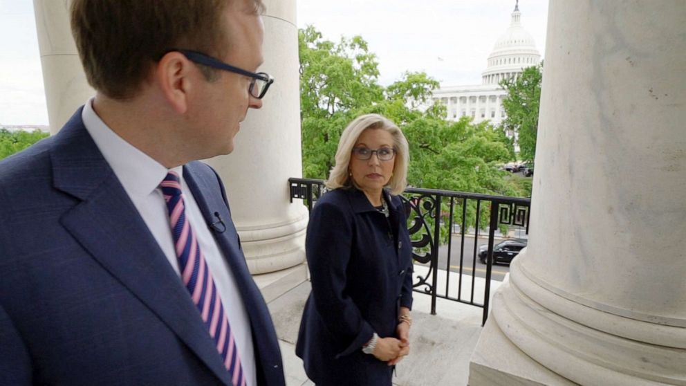PHOTO: Rep. Liz Cheney speaks with ABC News' Chief Washington Correspondent Jonathan Karl in Washington, May 14, 2021.