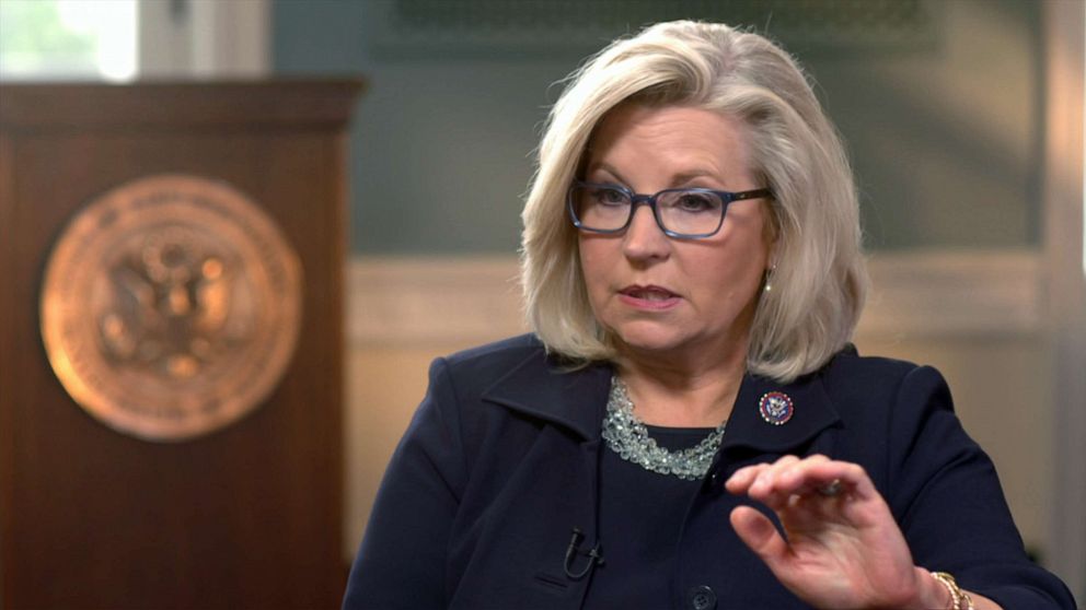 PHOTO: Rep. Liz Cheney speaks with ABC News' Chief Washington Correspondent Jonathan Karl in Washington, May 14, 2021.