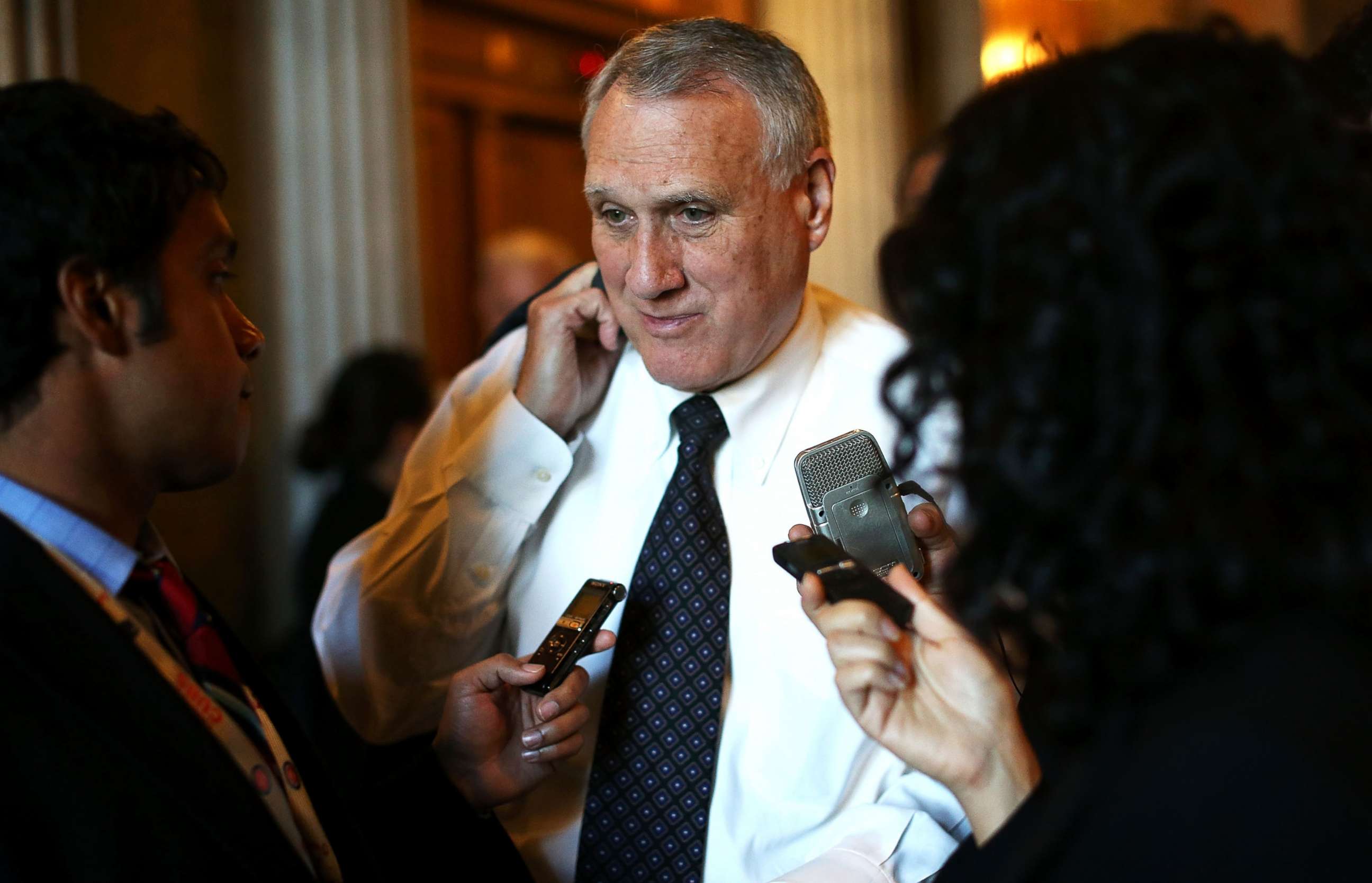 PHOTO: Senate Minority Whip Sen. Jon Kyl speaks to reporters as he arrives for the Senate Republican Weekly Policy Luncheon, Dec. 4, 2012, on Capitol Hill in Washington, D.C.