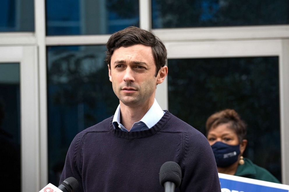 PHOTO: Jon Ossoff, Democratic candidate for a U.S. Senate seat in Georgia, holds a press conference at the IBEW local union headquarters on Nov. 30, 2020 in Atlanta.