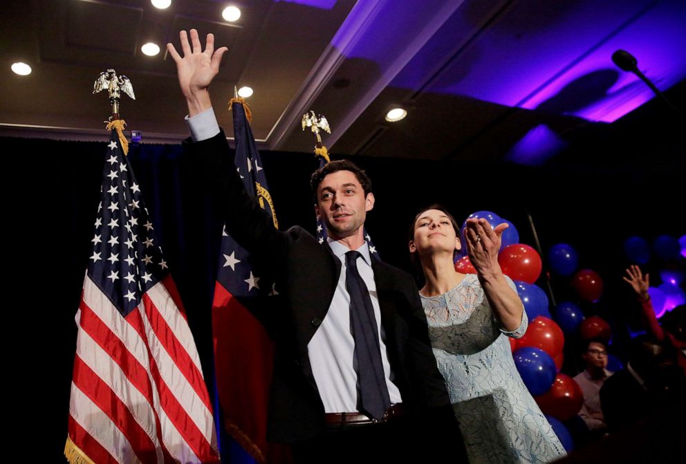 PHOTO: In this June 20, 2017 file photo, Democratic candidate for 6th congressional district Jon Ossoff, left, concedes to Republican Karen Handel while joined by his fiancee Alisha Kramer at his election night party in Atlanta.