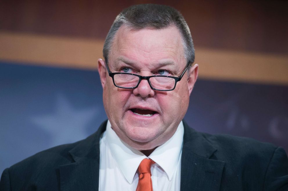 PHOTO: Sen. Jon Tester, D-Mont., conducts a news conference in the Capitol to call on the Senate to address tax issues veterans will face in the American Health Care Act on May 9, 2017.