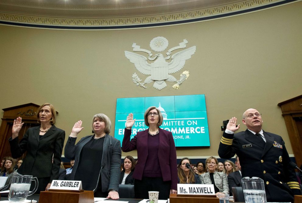 PHOTO: Officials including U.S. Public Health Service Commissioned Corps Commander Jonathan White(right) are sworn in before the House Commerce Oversight and Investigations Subcommittee on Capitol Hill in Washington, Feb. 7, 2019.